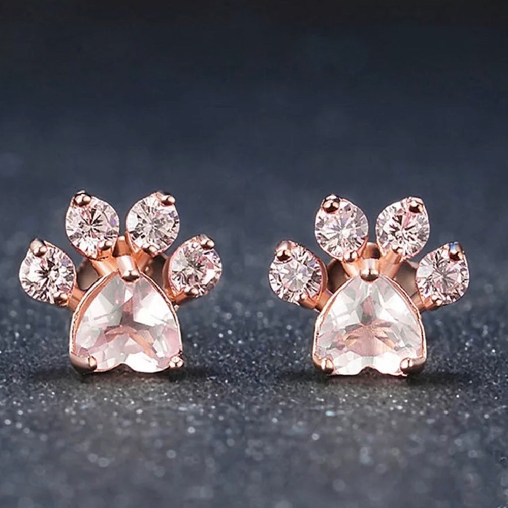 18k Rose Gold CZ Cat/Dog Paw Stud Earrings